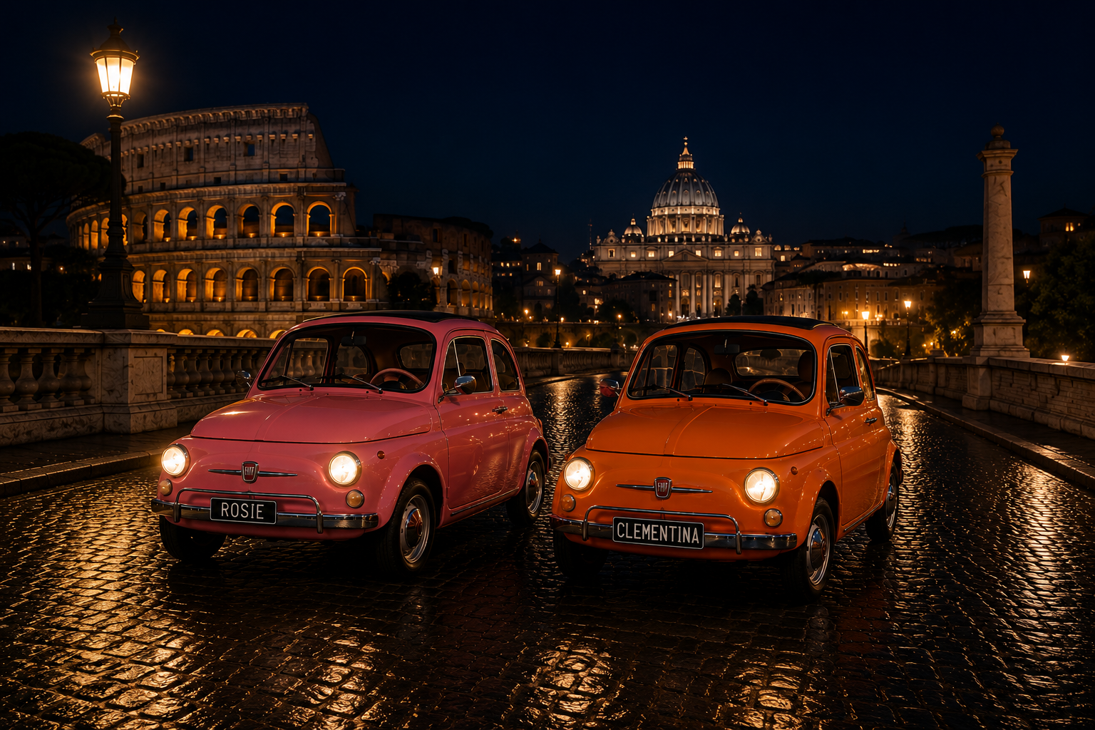Rosie and Clementina, Roman Guides' vintage Fiat 500s, illuminated at night near the Colosseum