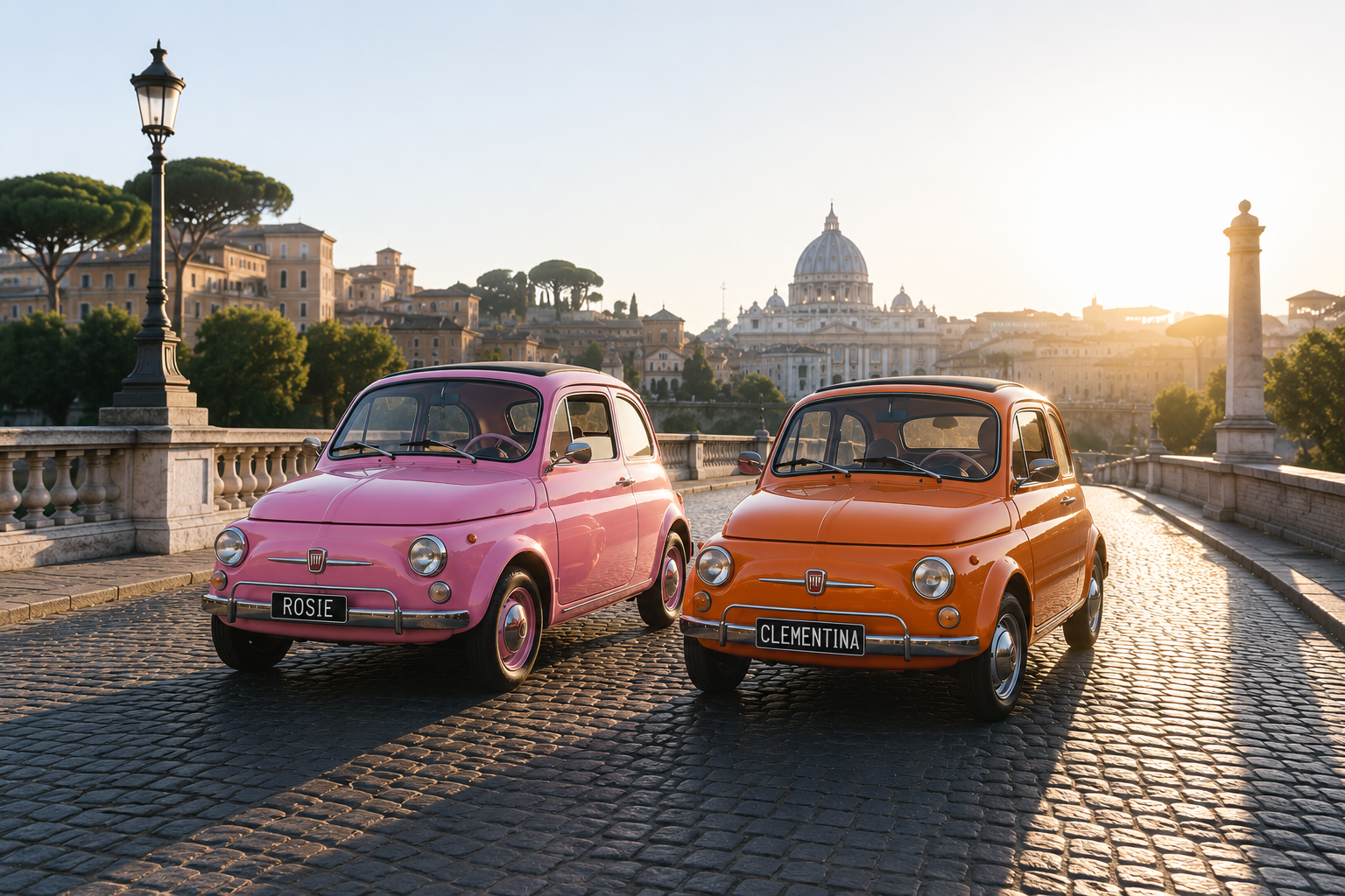 Rosie and Clementina, Roman Guides' vintage Fiat 500s, at sunrise near St. Peter's