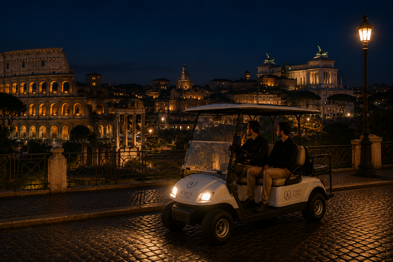 Roman Guides golf cart at night near the Colosseum