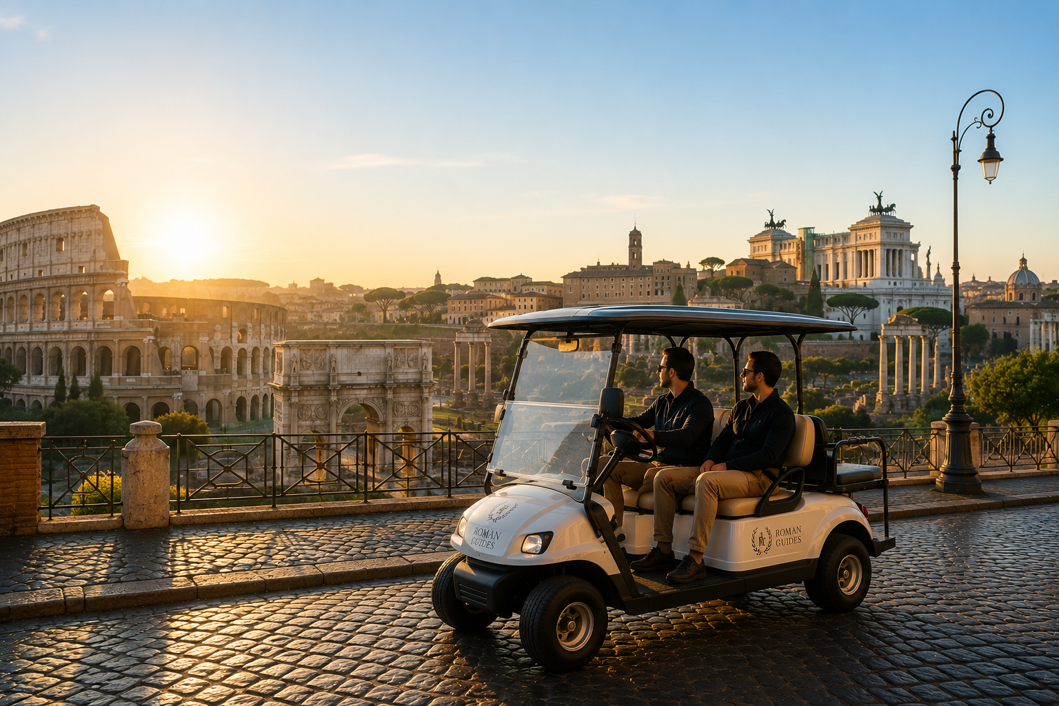 Roman Guides golf cart at sunrise near the Colosseum